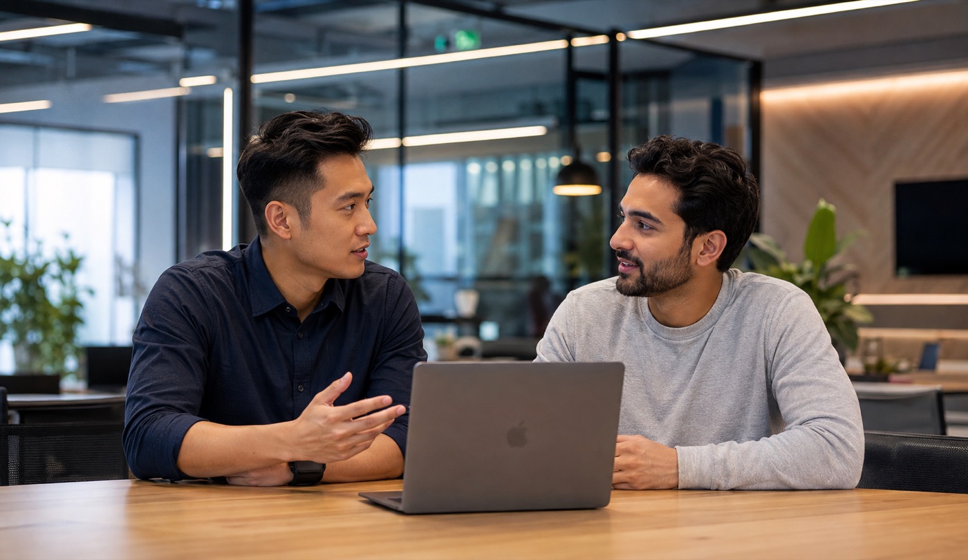 A small team collaborating around a table with laptops
