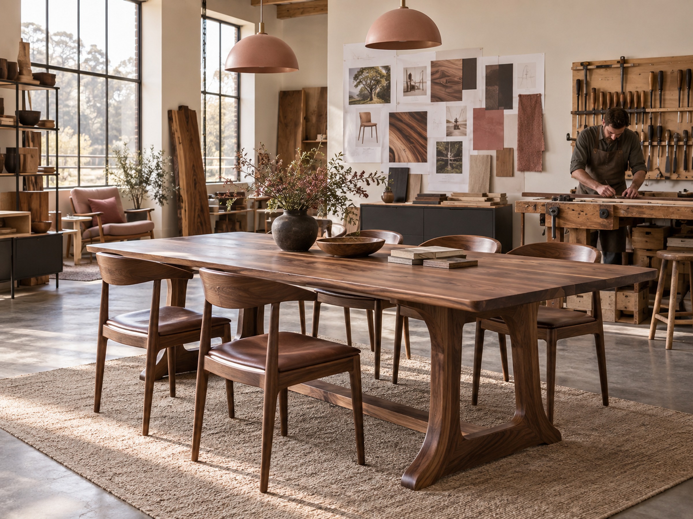 A walnut dining table in a bright furniture showroom workshop with mood boards, tools, wood samples, and warm daylight