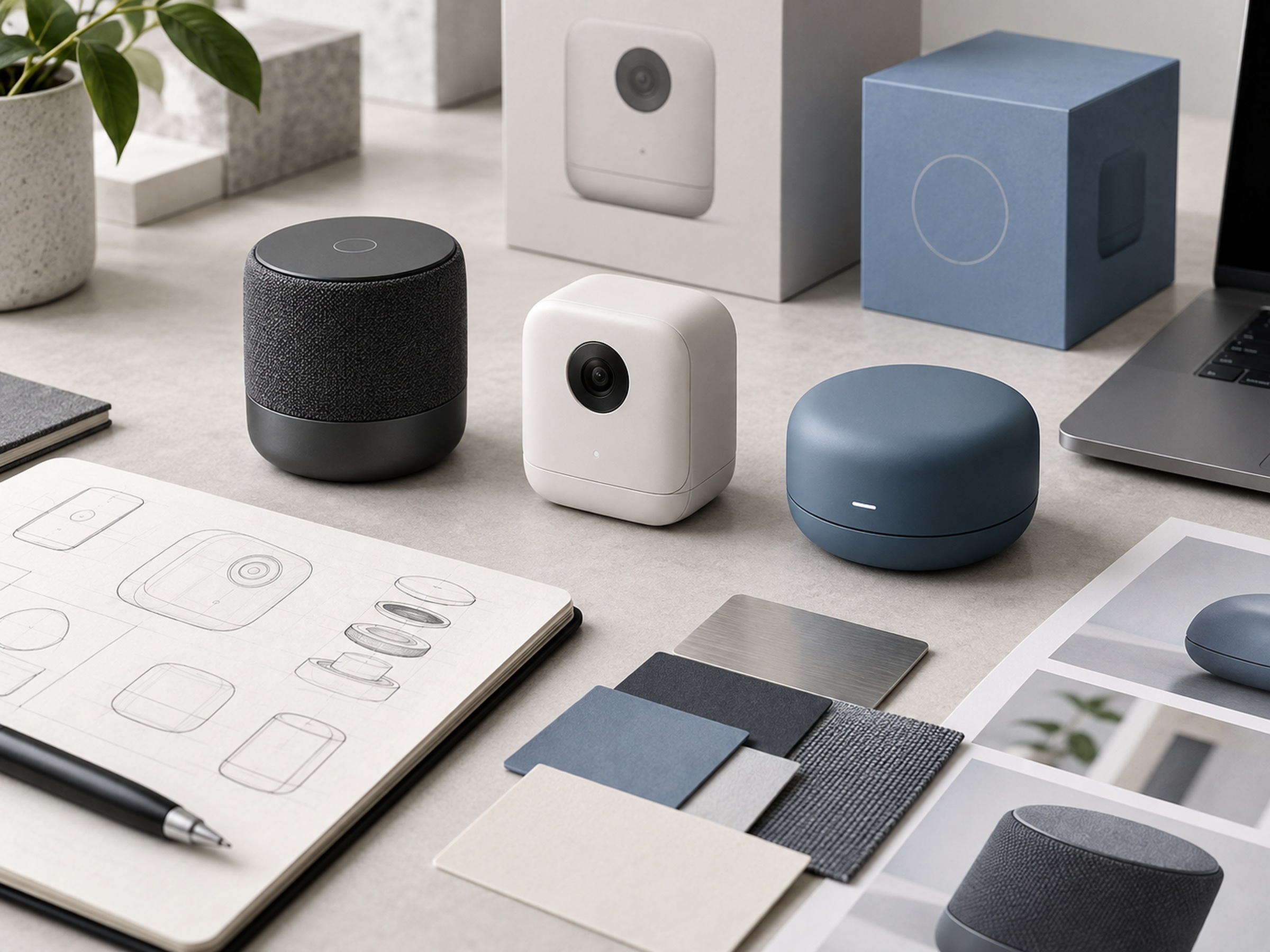 Unbranded consumer hardware prototypes arranged with packaging, sketches, and material samples