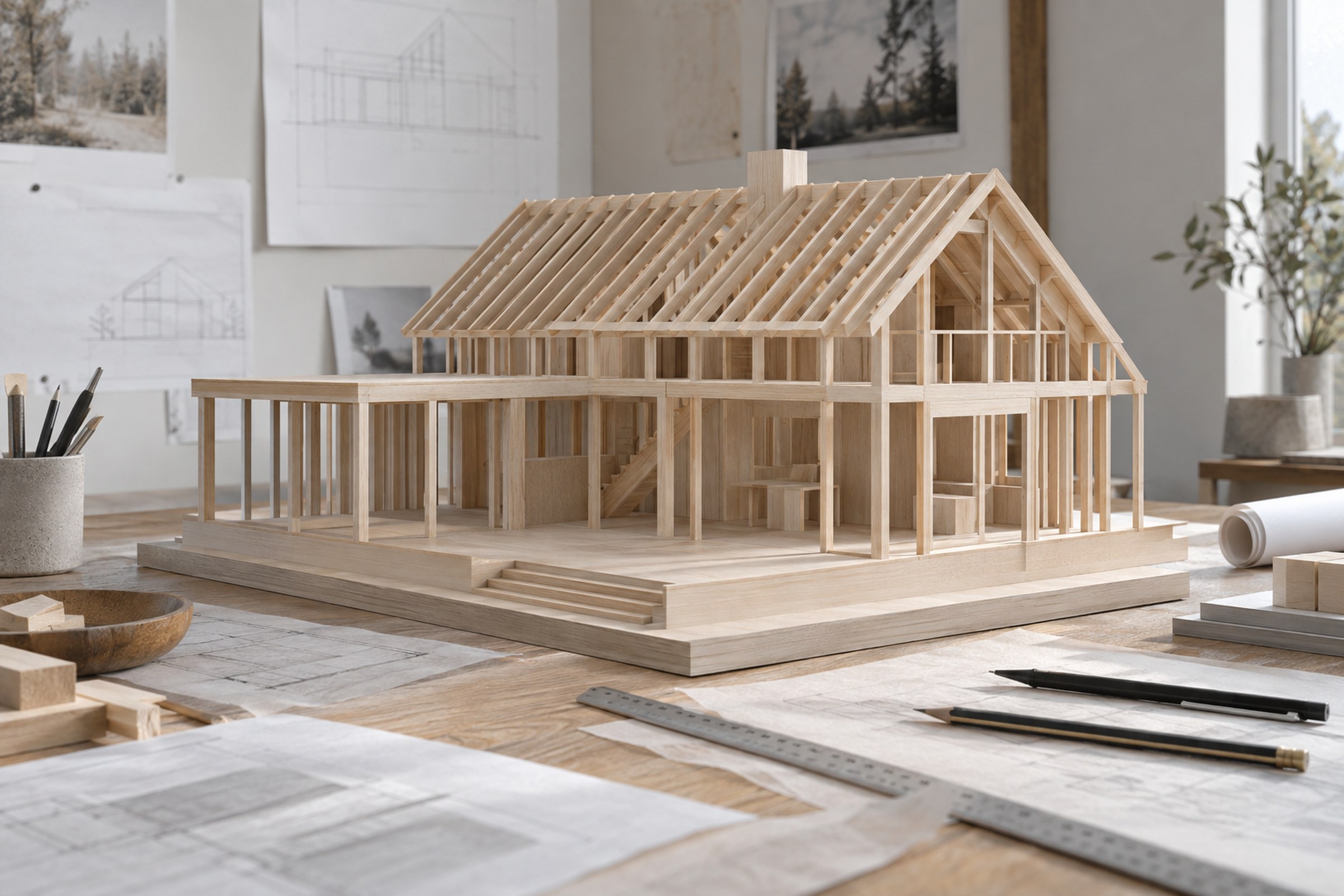 A basswood architectural house model with rafters and studs visible on a studio table