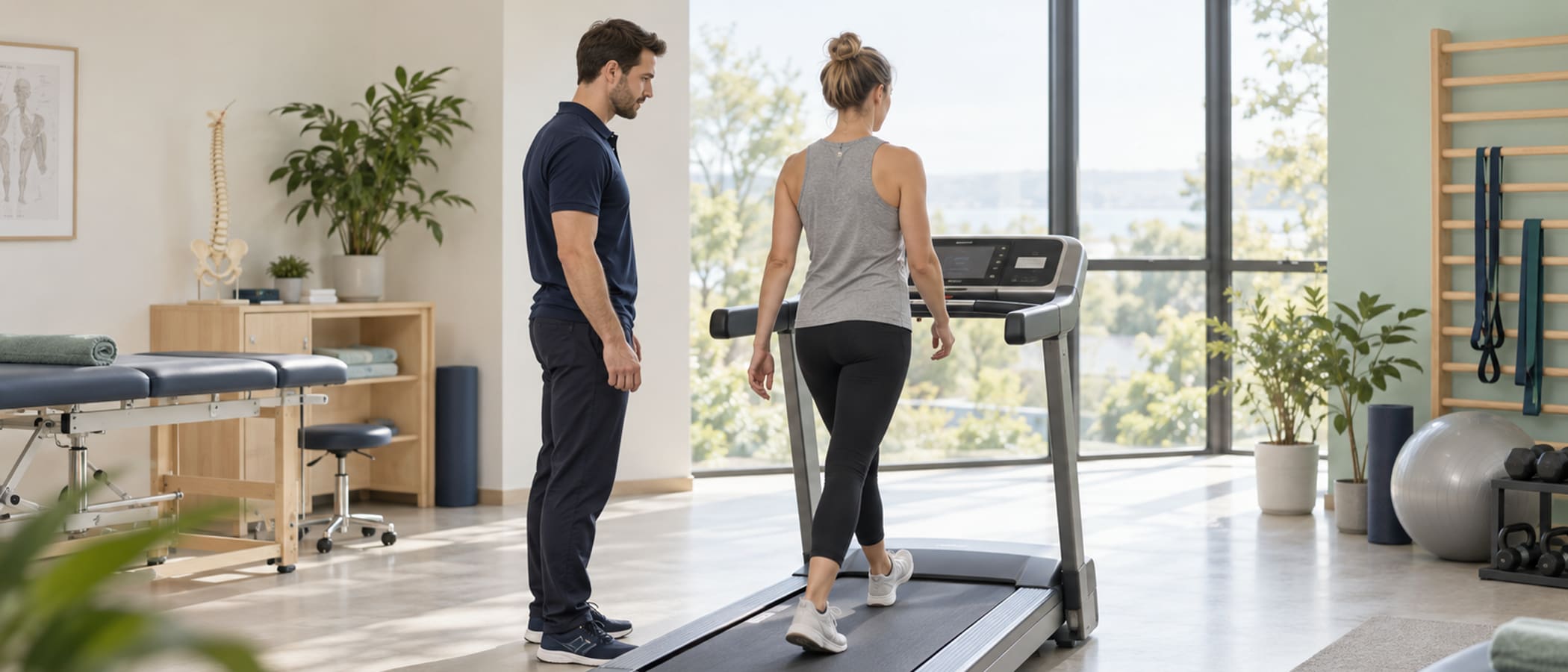 A patient walking on a treadmill seen from behind, a therapist beside them watching their gait, a bright clinic