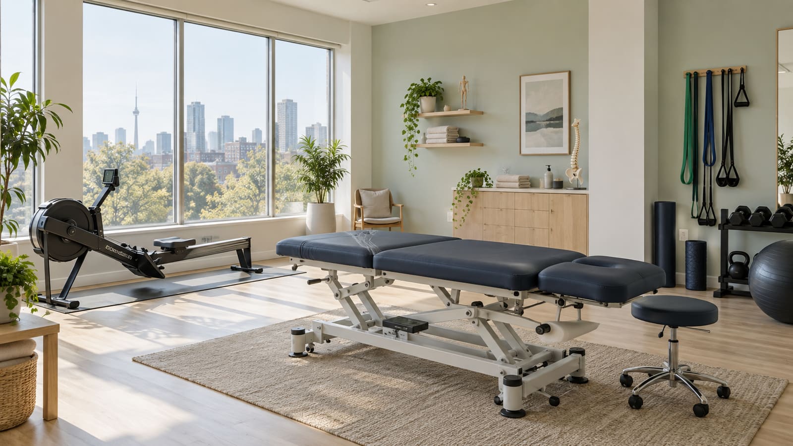 A physiotherapy treatment area with a plinth, a resistance-band wall and a rowing machine, empty and lit by daylight