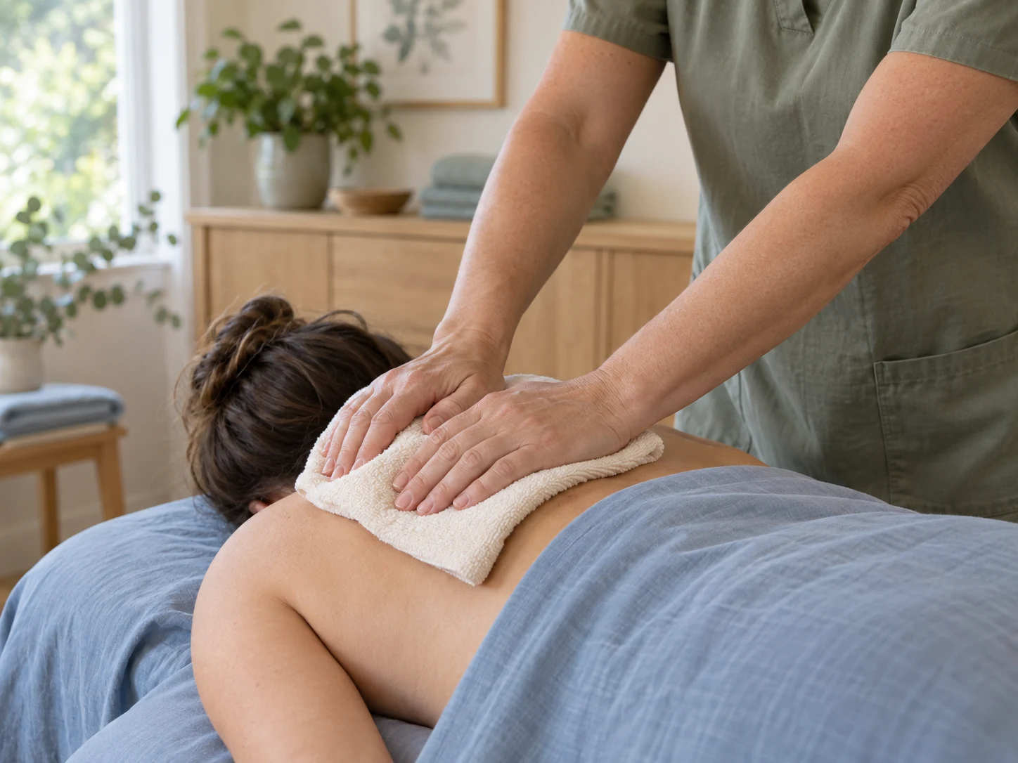 A therapist applying pressure through a folded towel to a client's upper back