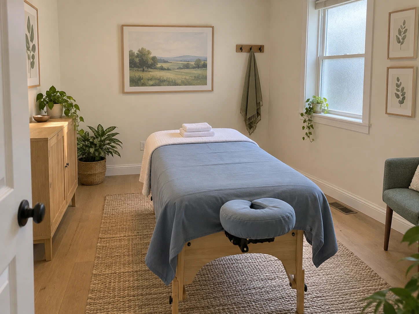 A small home massage studio: one table with folded towels, a plant in the corner and soft daylight through a side window