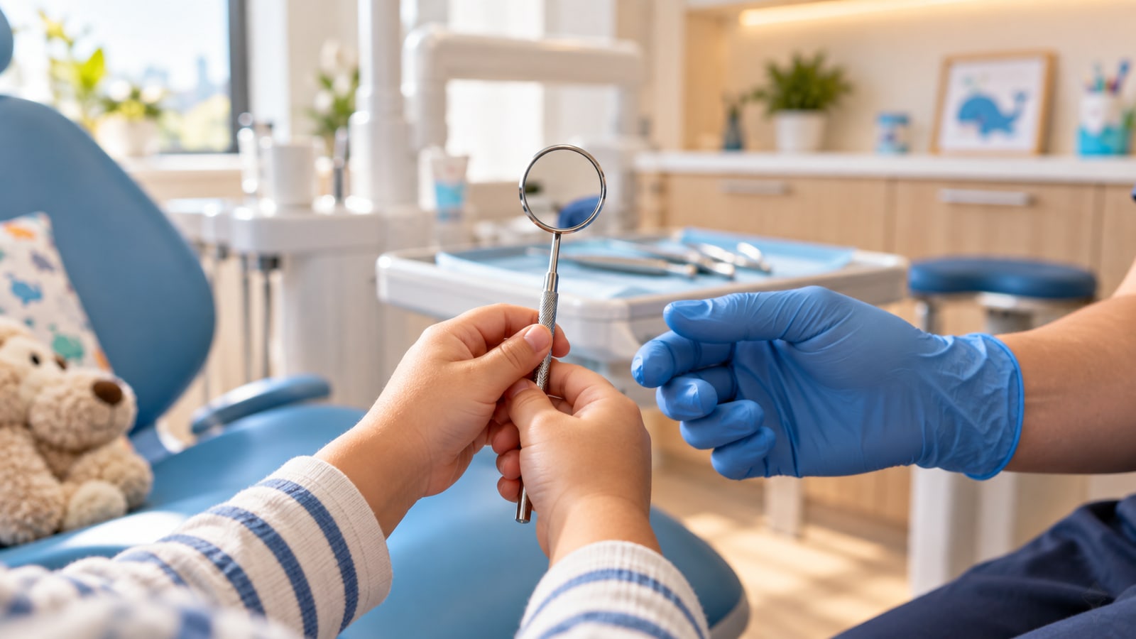 A child's hands holding a small round dental mirror beside a hygienist's gloved hand, a bright treatment room out of focus behind them