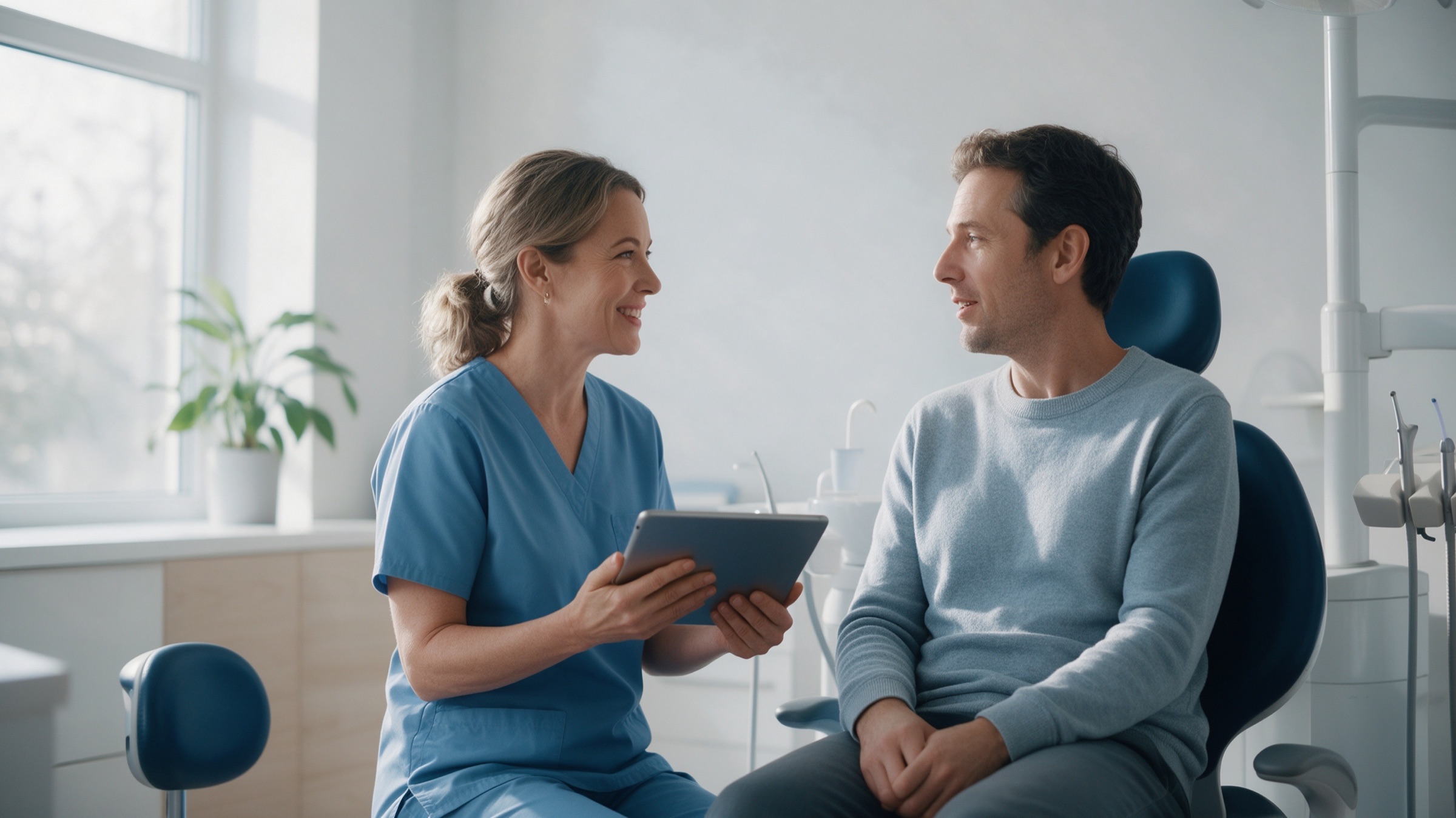 A dentist in blue scrubs sitting beside a patient in the dental chair, showing him something on a tablet as they talk, daylight from a window behind her