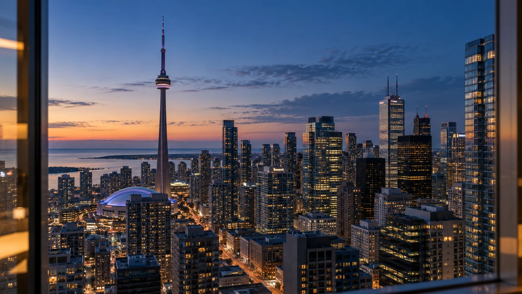A city skyline at dusk seen from a high office window, reflections across the glass