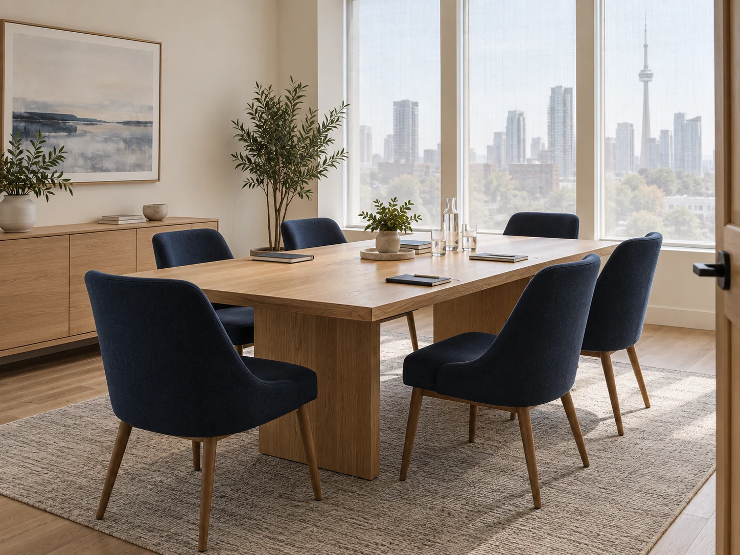 A law-office meeting room with a long oak table, six chairs and a tall window with a sheer blind