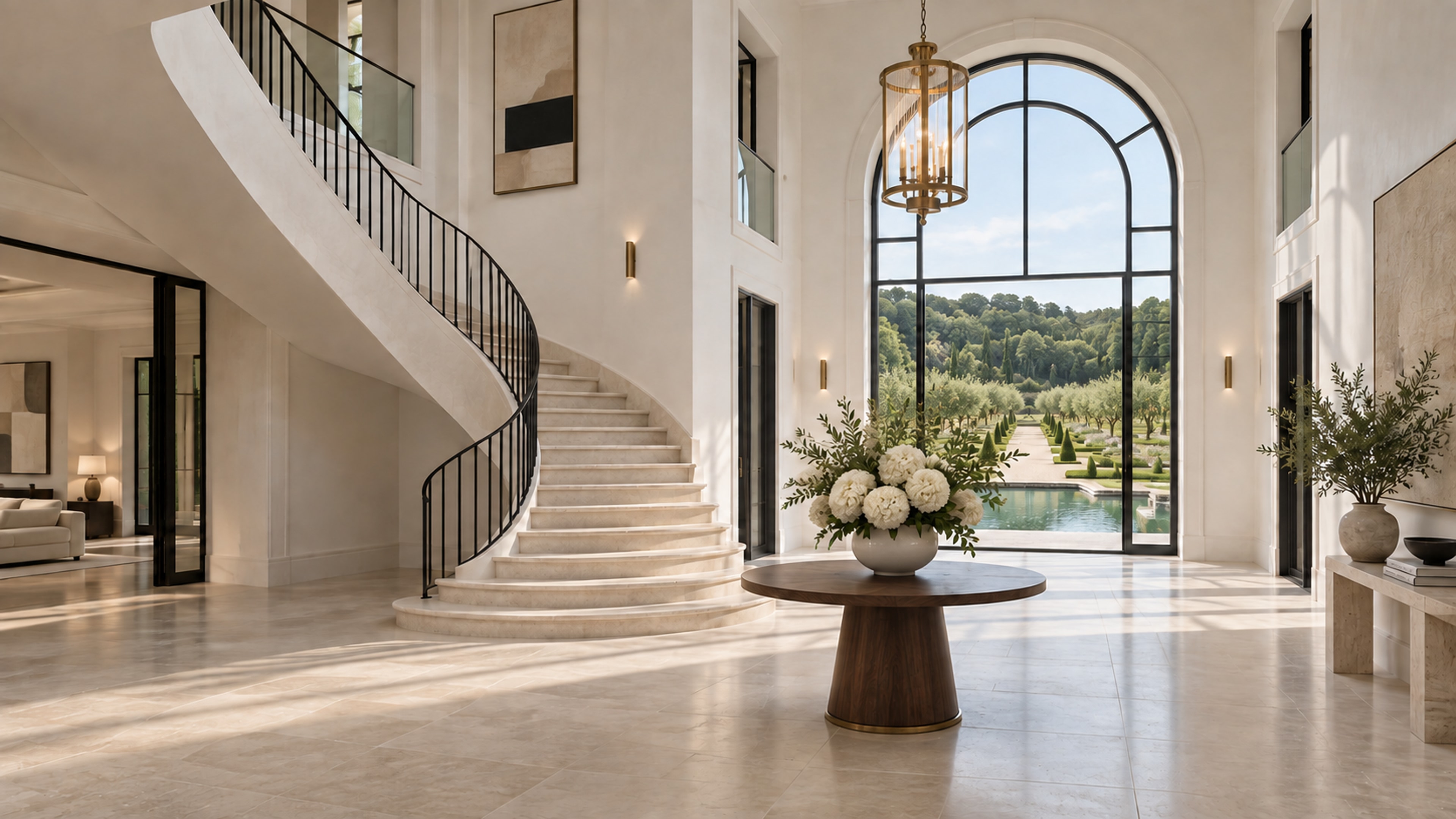 A double-height entrance hall with a pale limestone floor, a curved stone staircase and a tall arched window onto the parterre