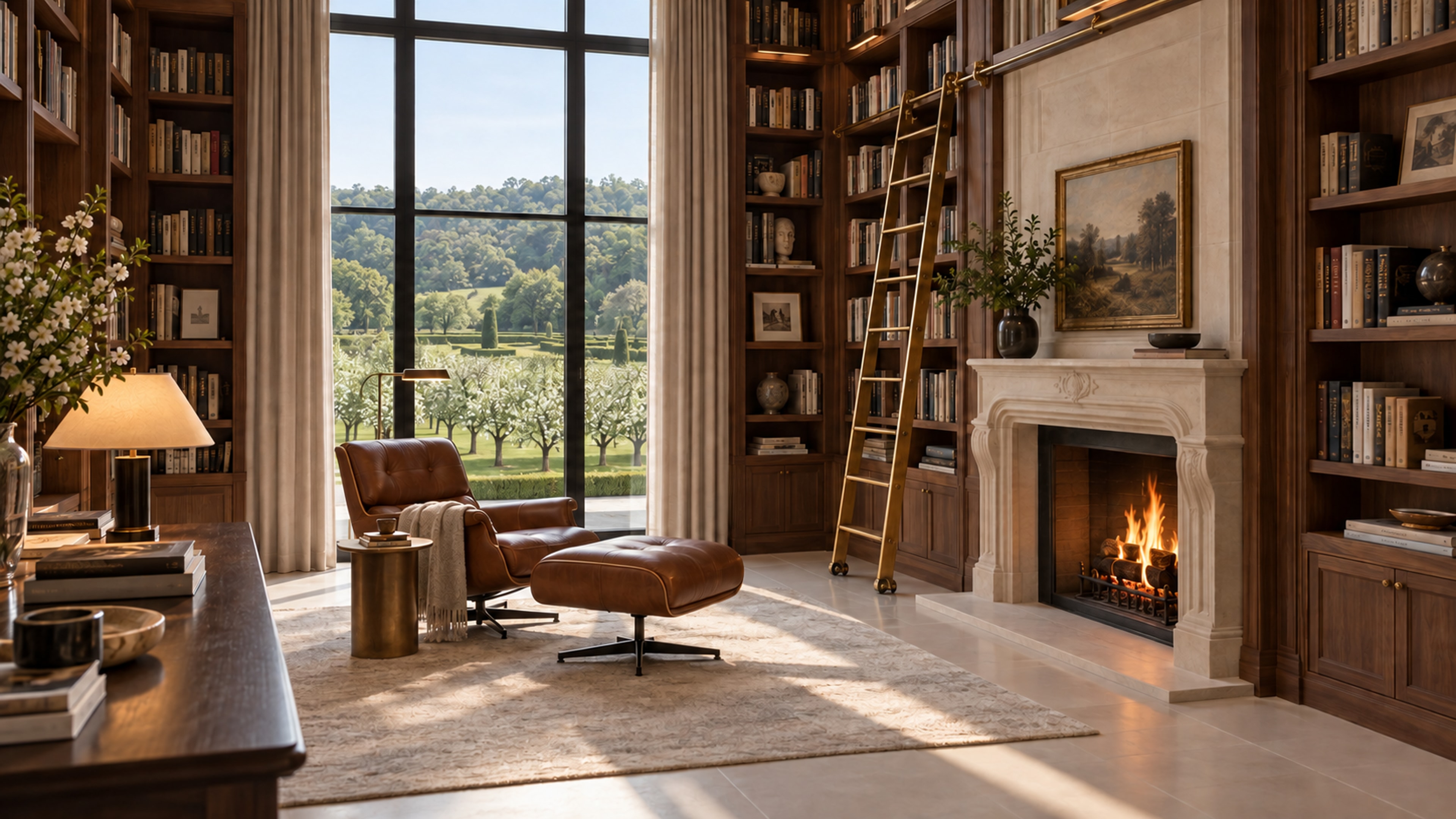 A walnut-shelved library with a stone fireplace, a leather reading chair and a window onto an orchard