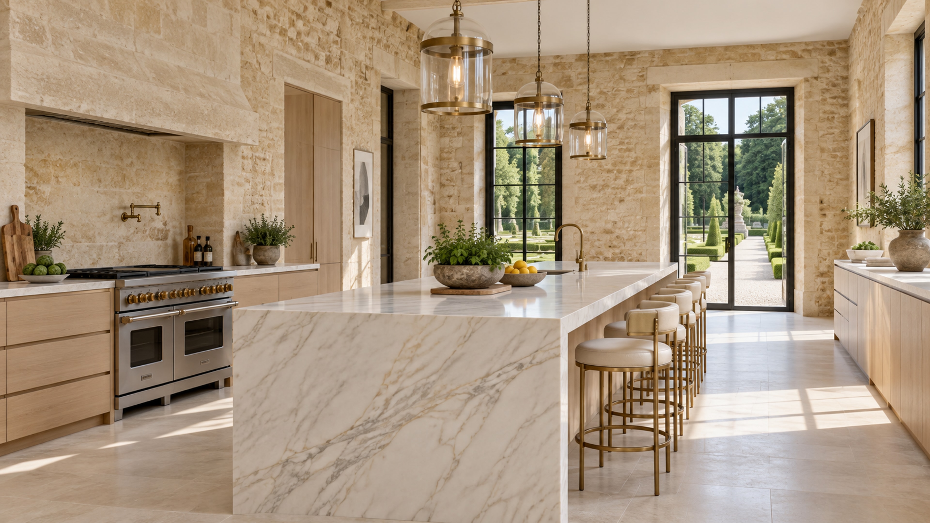 A kitchen with rough limestone walls, a long marble island, oak cabinetry and black steel windows onto the garden