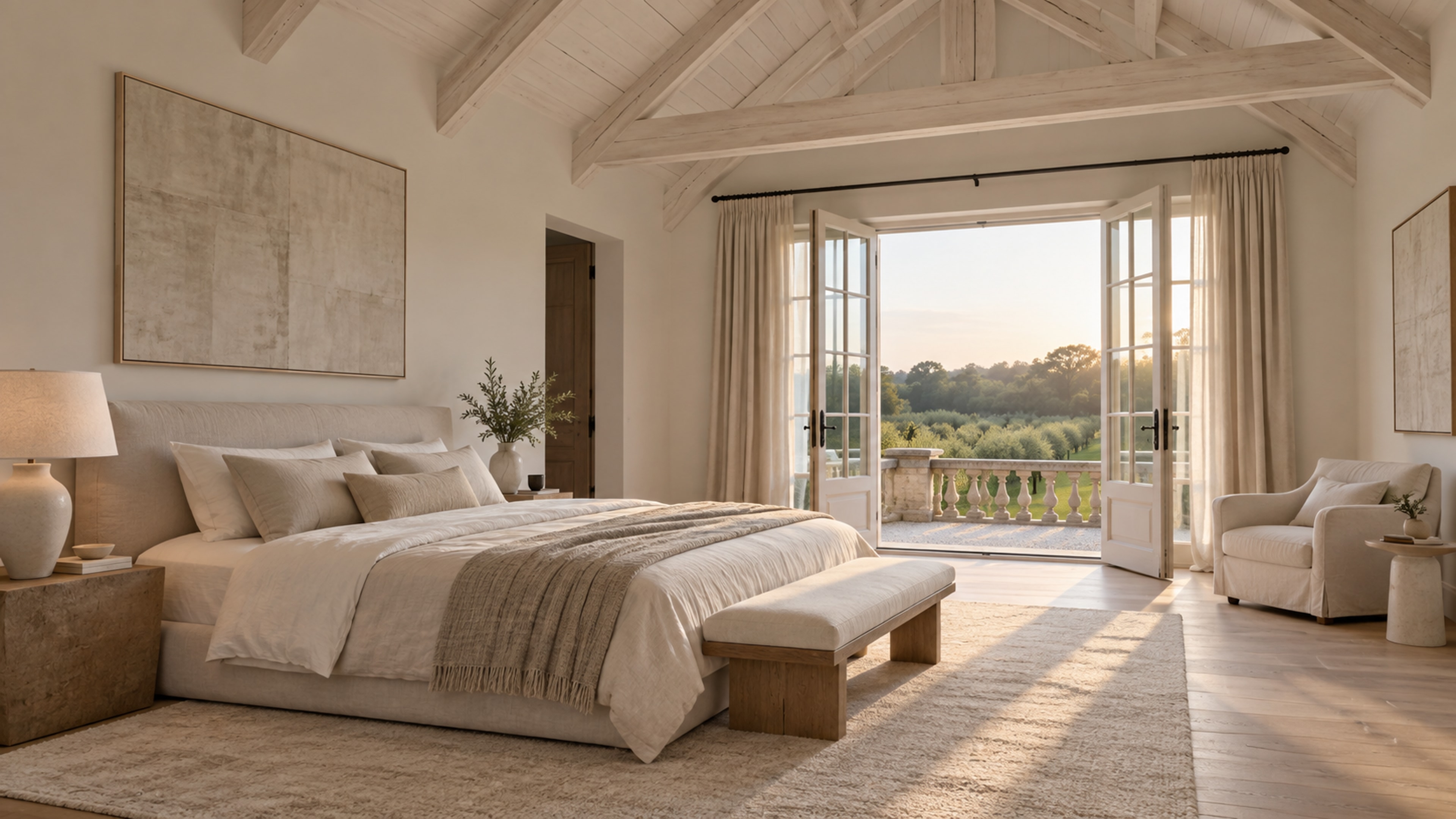 A principal bedroom under a vaulted timber ceiling, with a low linen bed facing French doors onto a balcony
