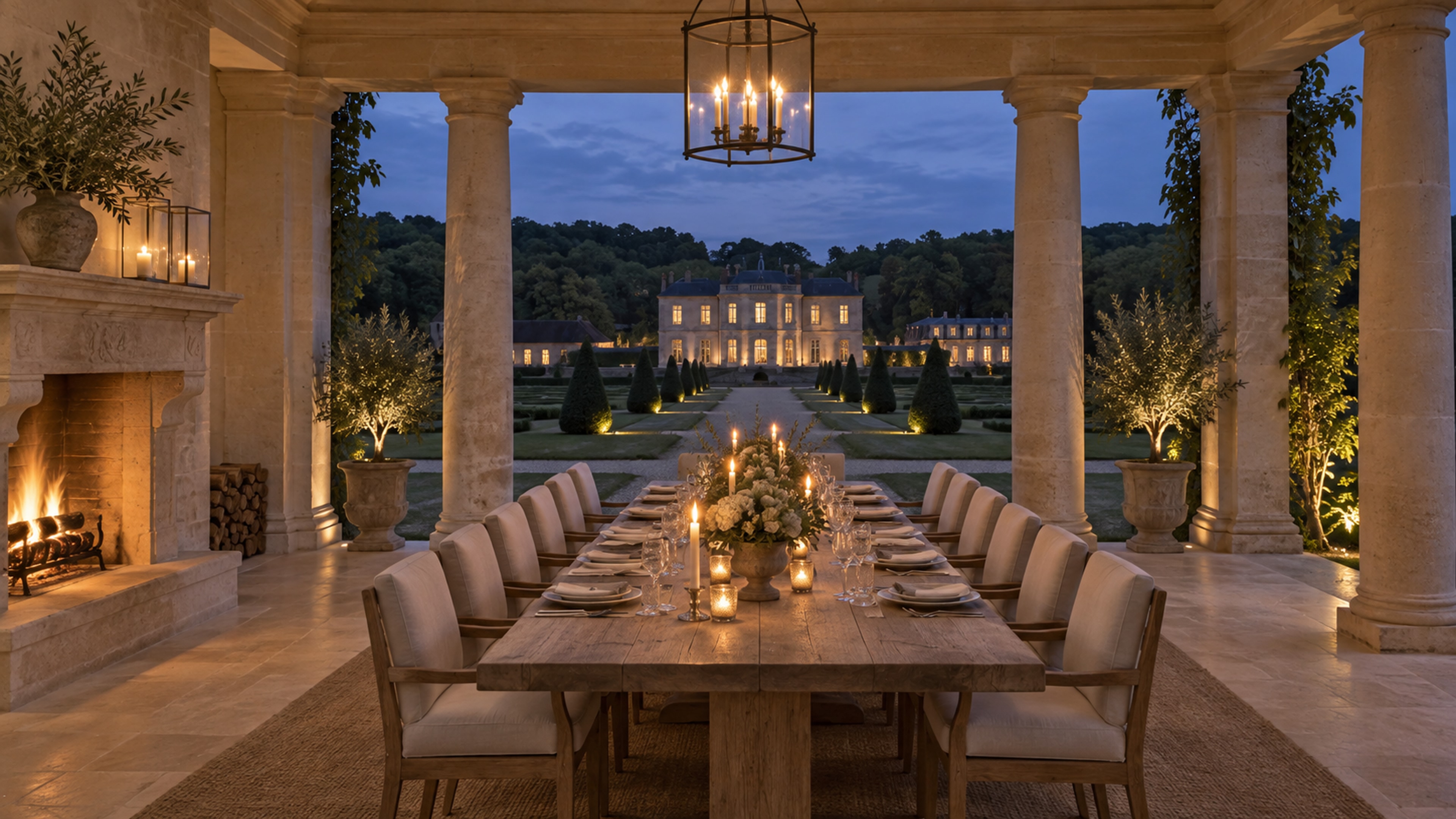A garden pavilion of stone columns with an open fire, a long oak table and a view back up the lawn to the château