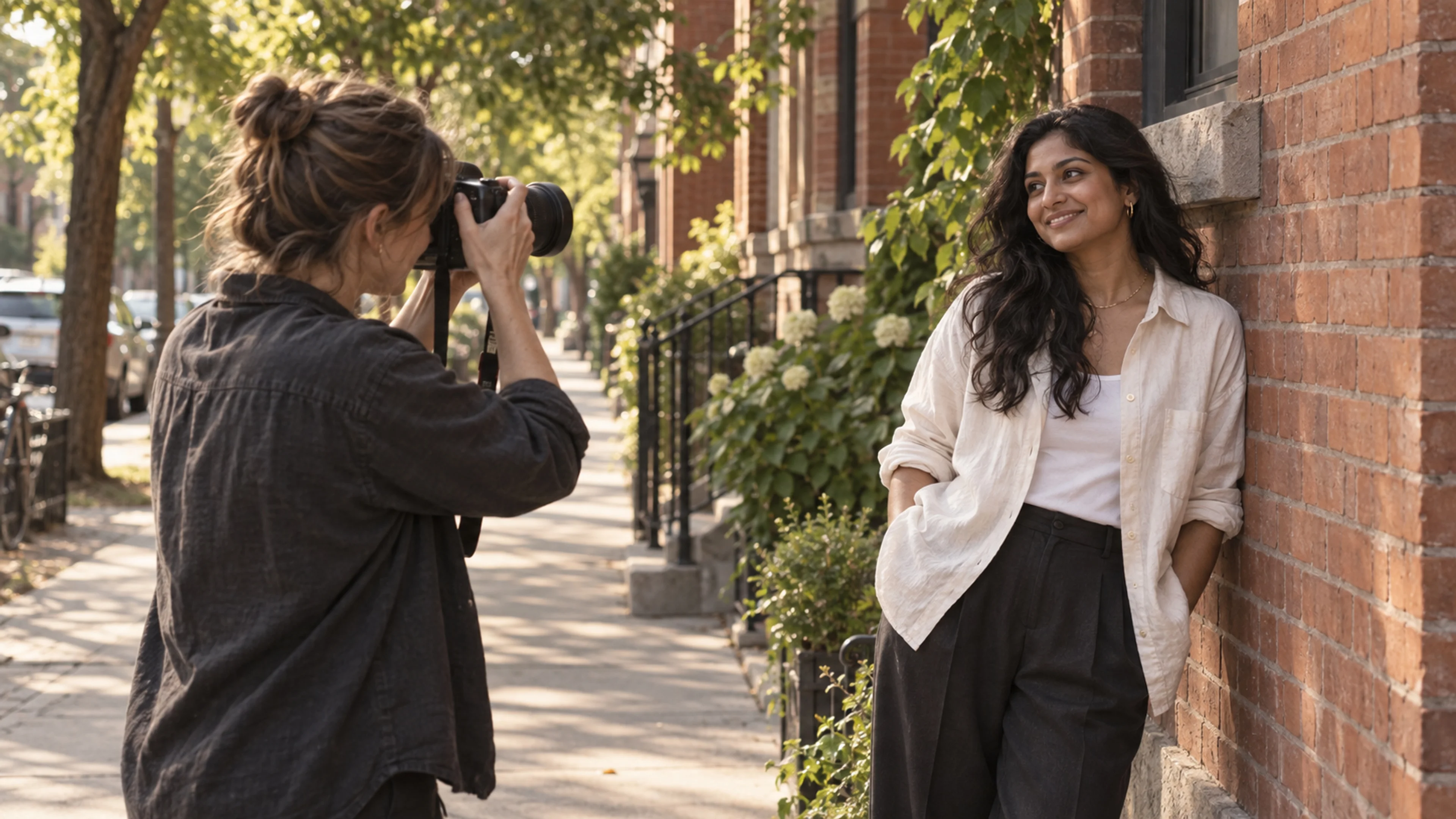 A photographer taking a portrait beside a brick building on a leafy Toronto street