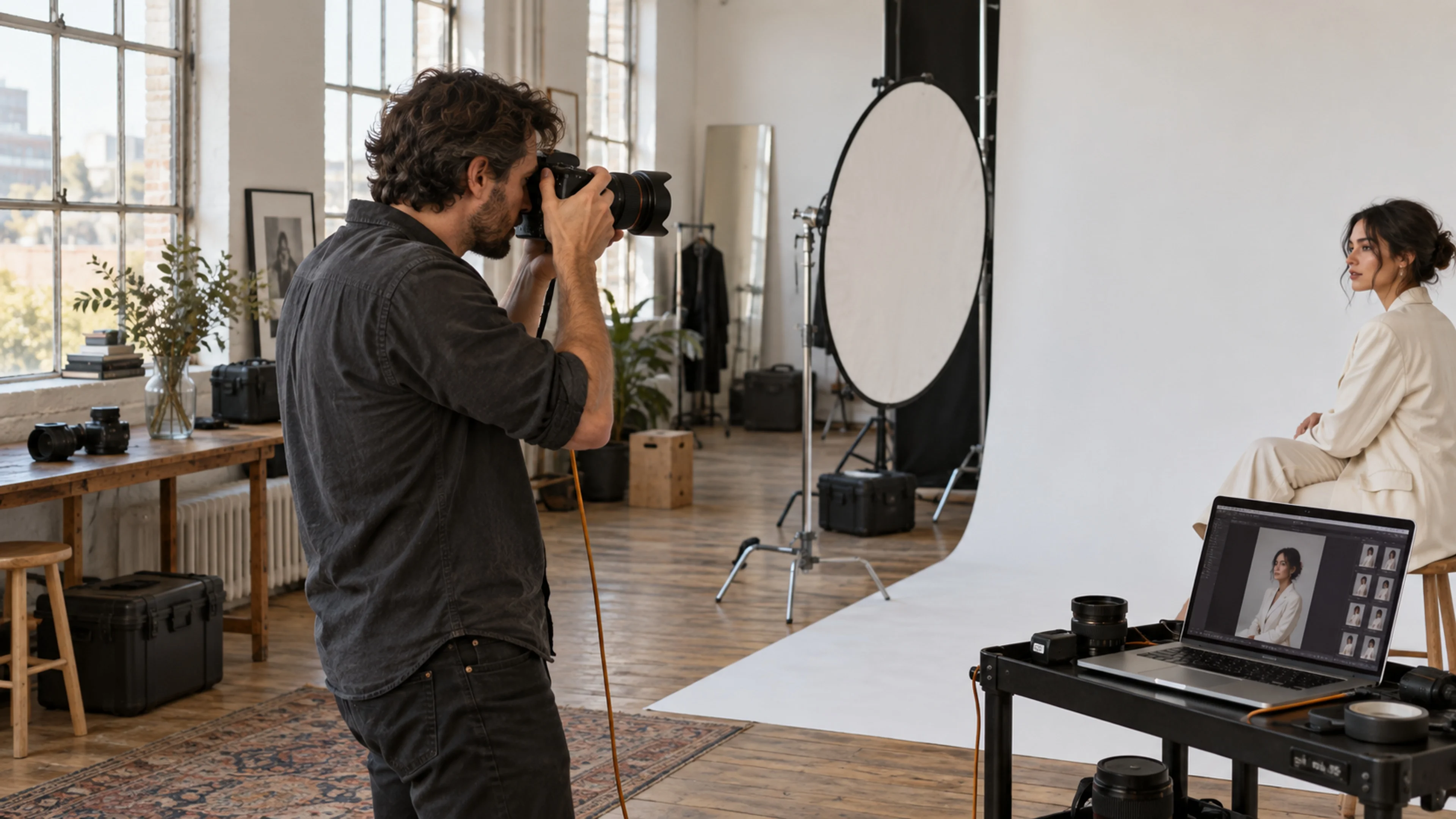 A photographer taking a studio portrait beside a white backdrop, reflector and tethered laptop