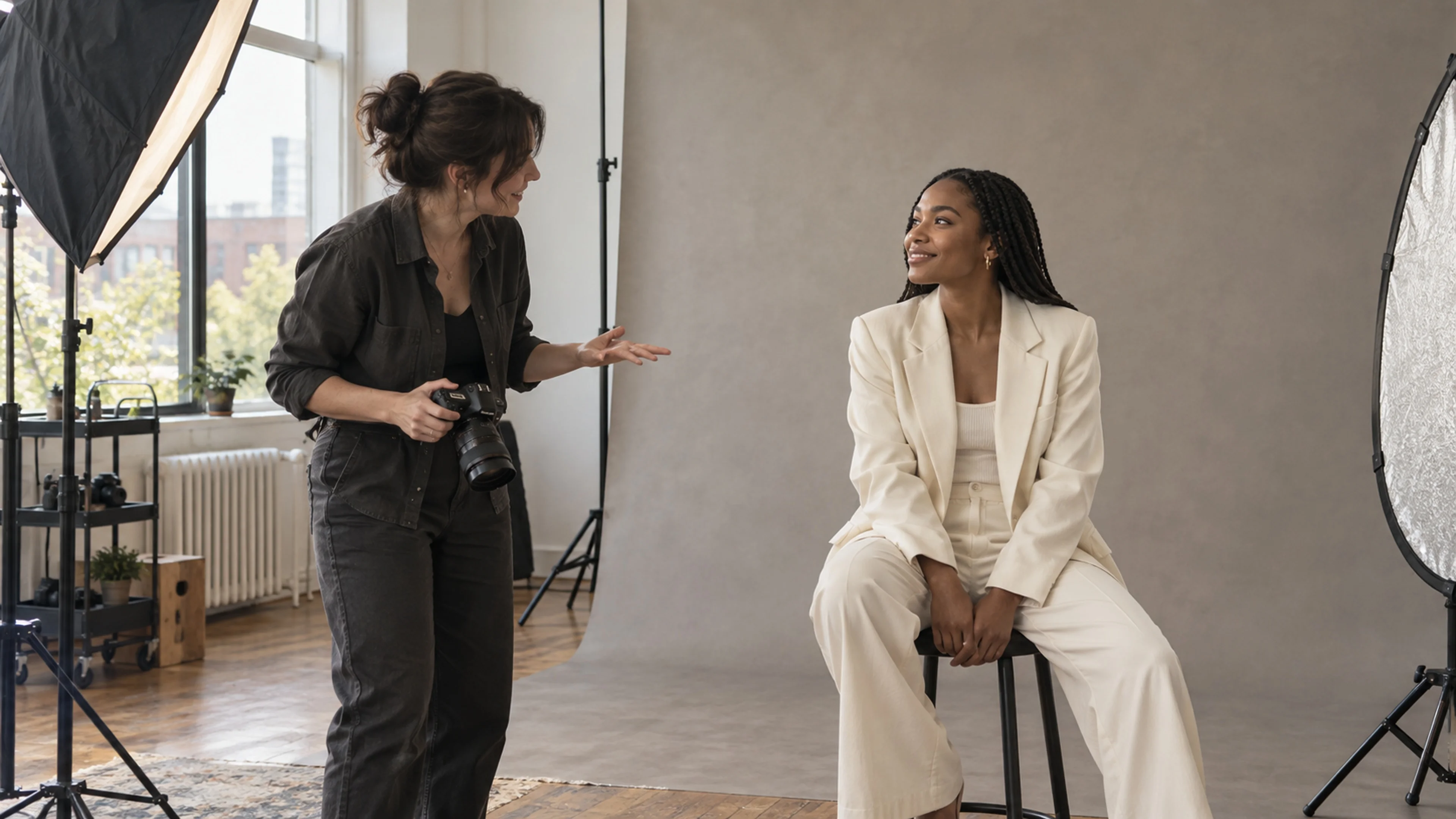 A photographer directing a seated portrait client in a cream suit beside studio lighting