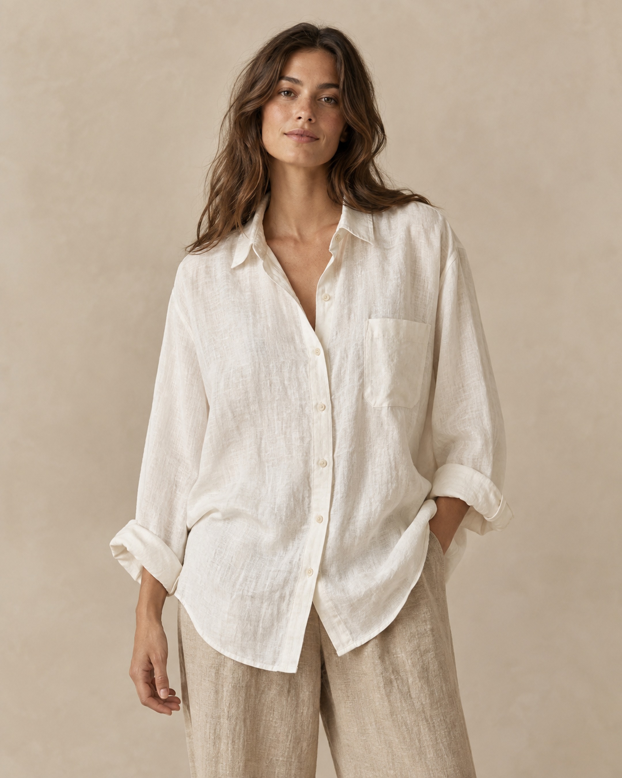 The linen shirt, on a plain sand seamless