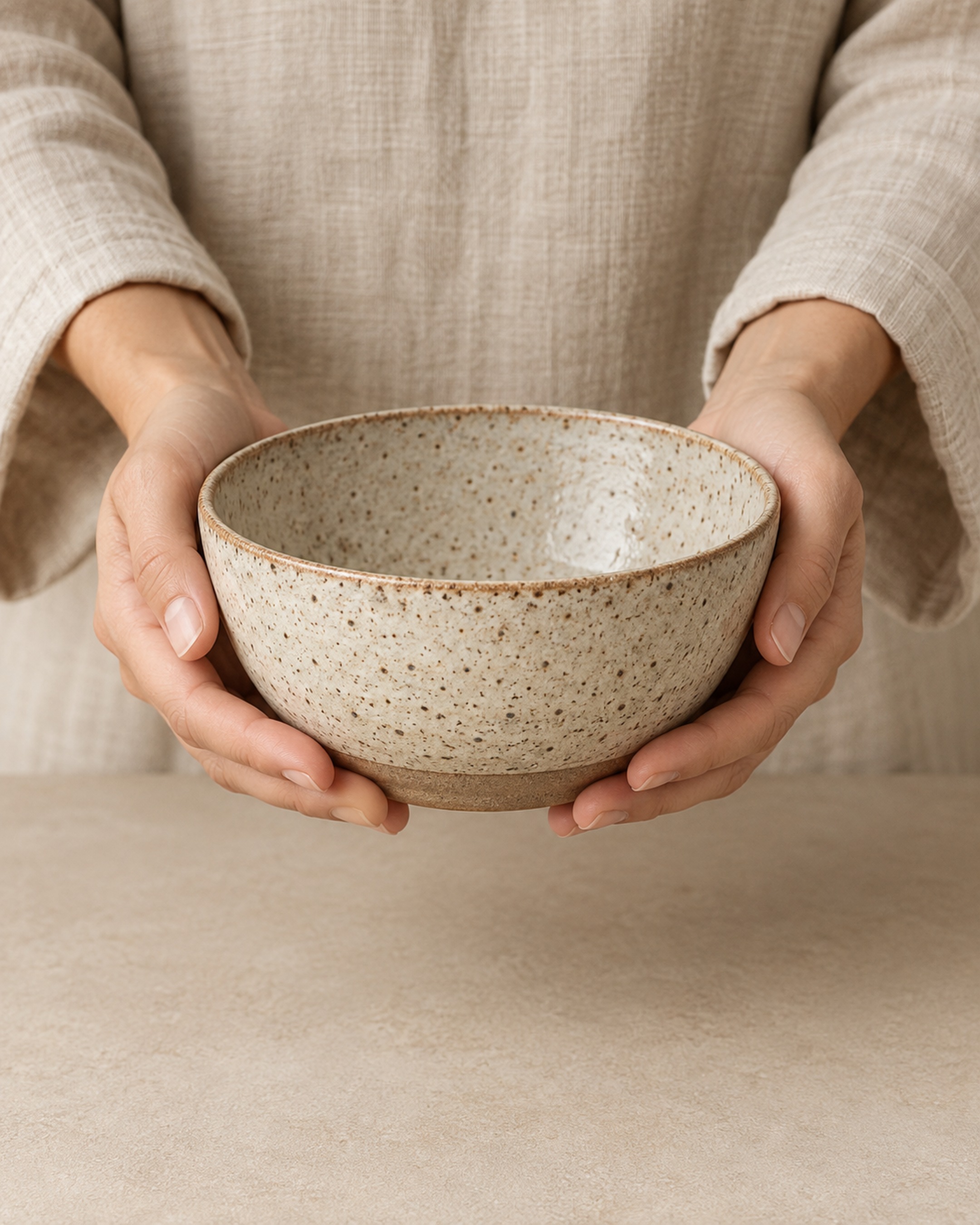 The hand-thrown bowl, on a plain sand seamless