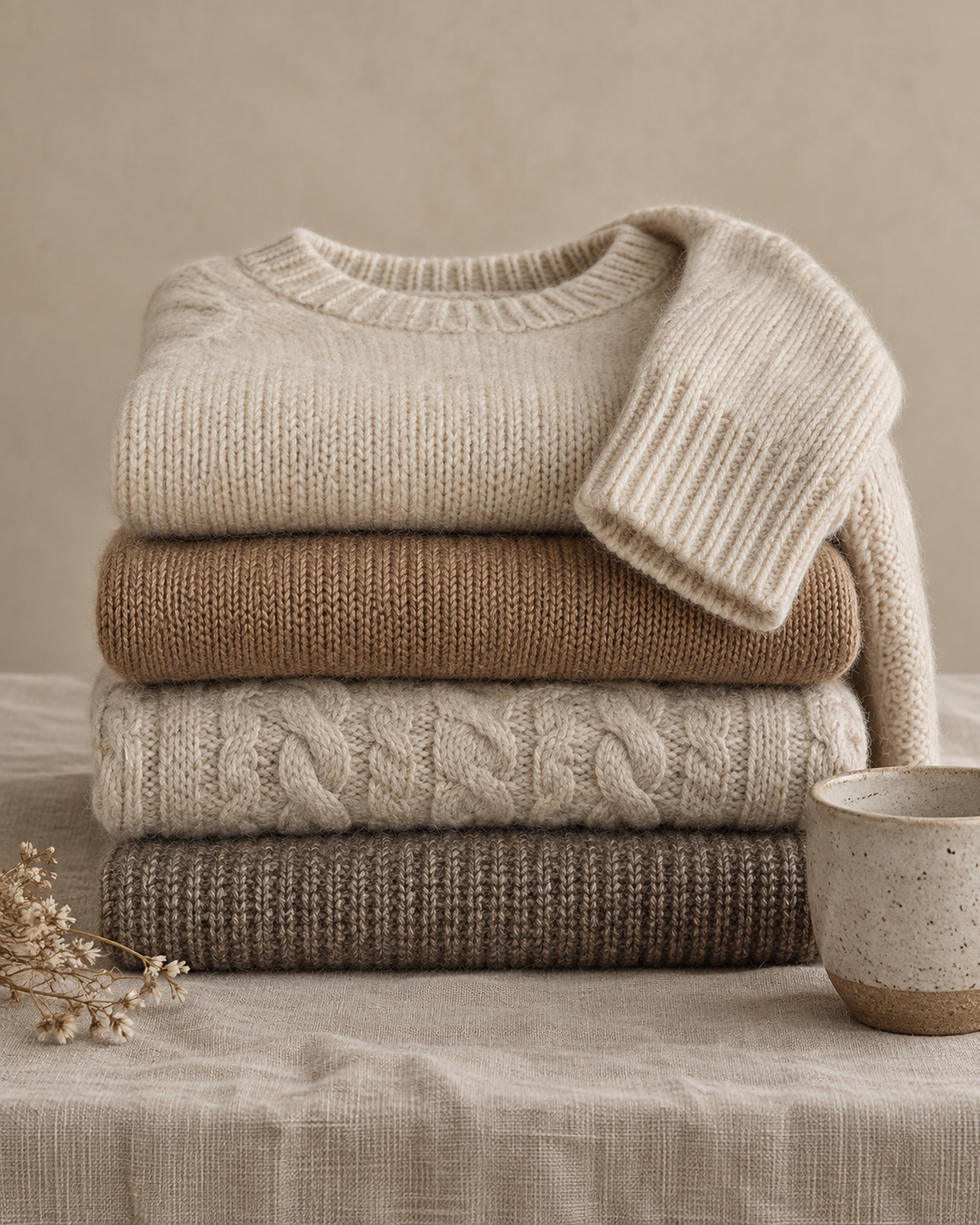 Folded knitwear, on a plain sand seamless