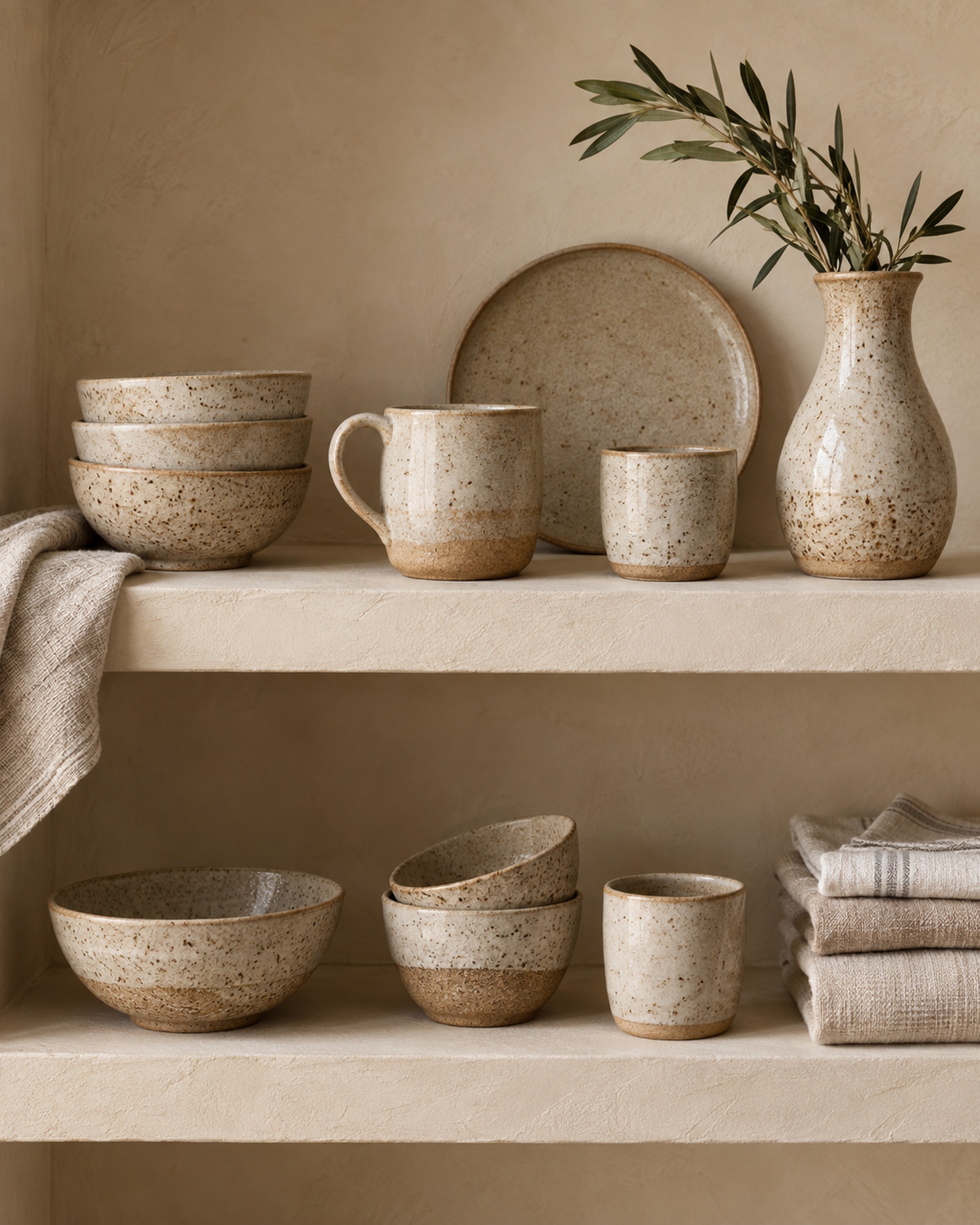 Stoneware, by the shelf, on a plain sand seamless