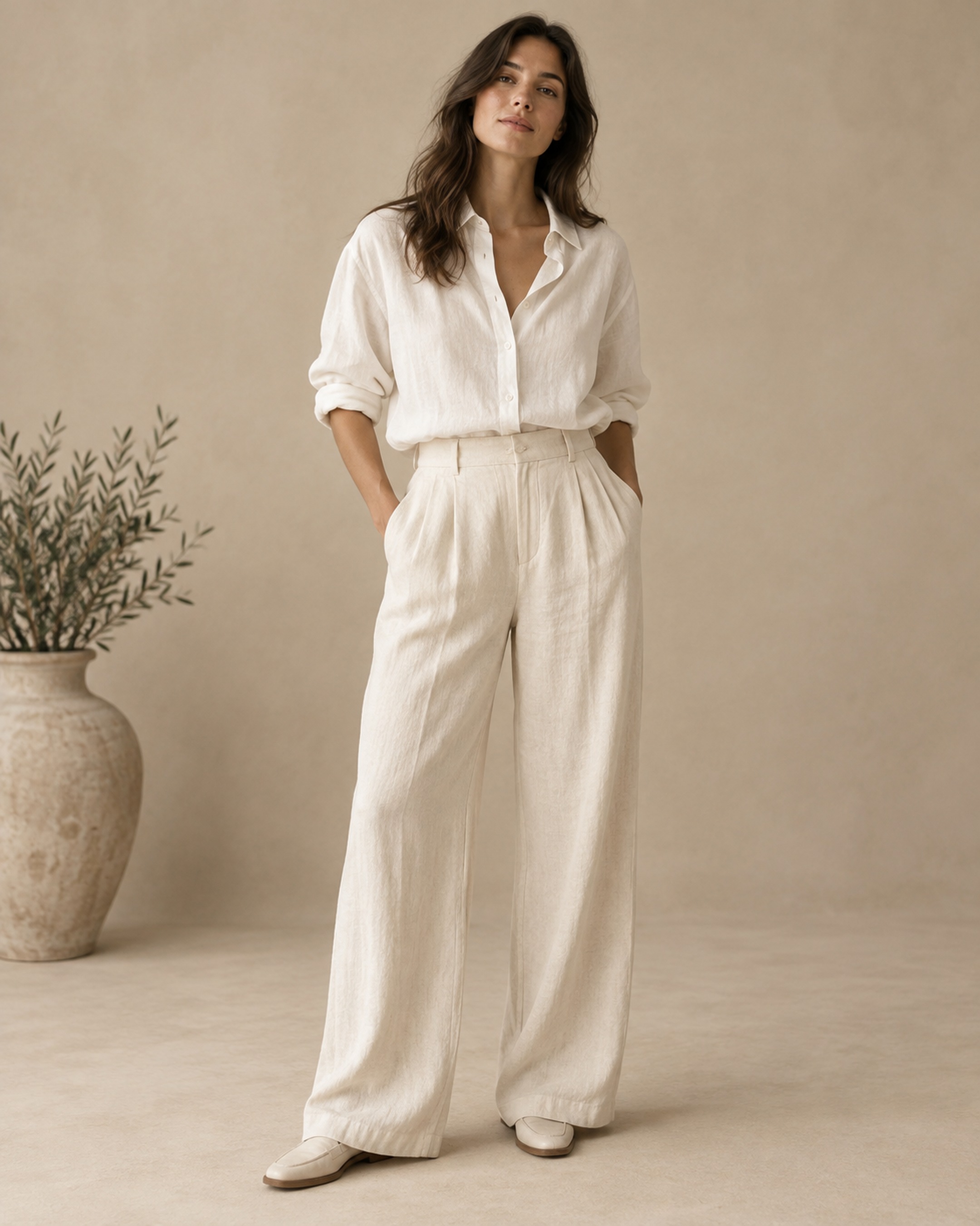The cream trouser, on a plain sand seamless