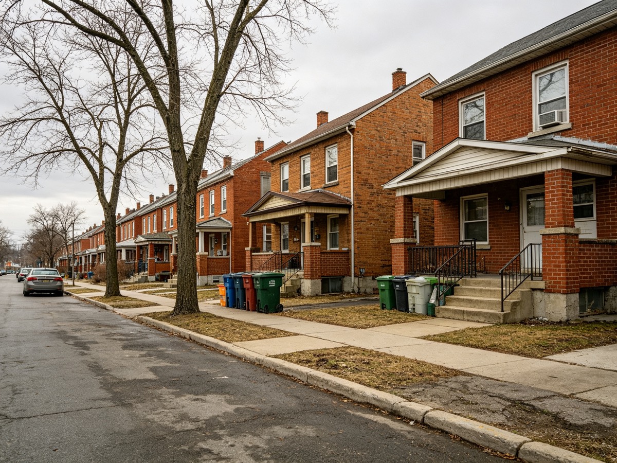A street of two-storey brick houses receding along the pavement, bins out and street trees bare