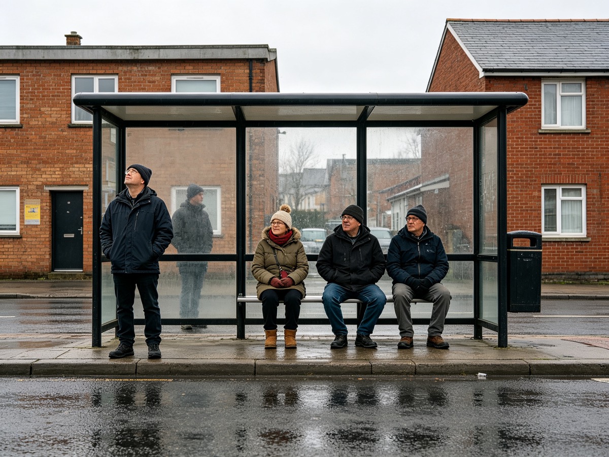 Five people waiting at a bare glass bus shelter on a wet grey afternoon