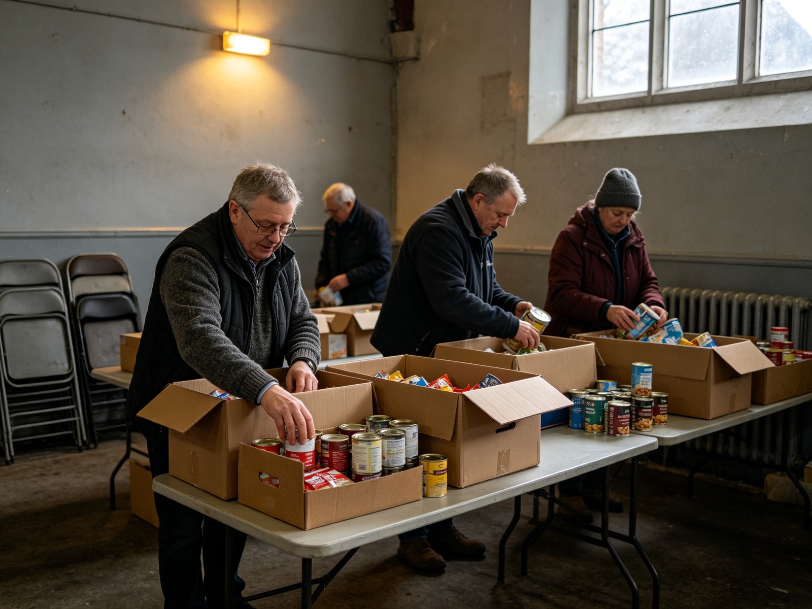 Volunteers in winter coats sorting tins into cardboard boxes on trestle tables in a community hall