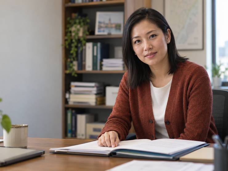 Mei Lin photographed at a desk with an open folder of documents