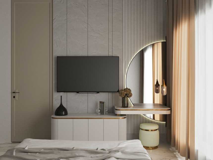 An interiors frame of a pared-back bedroom