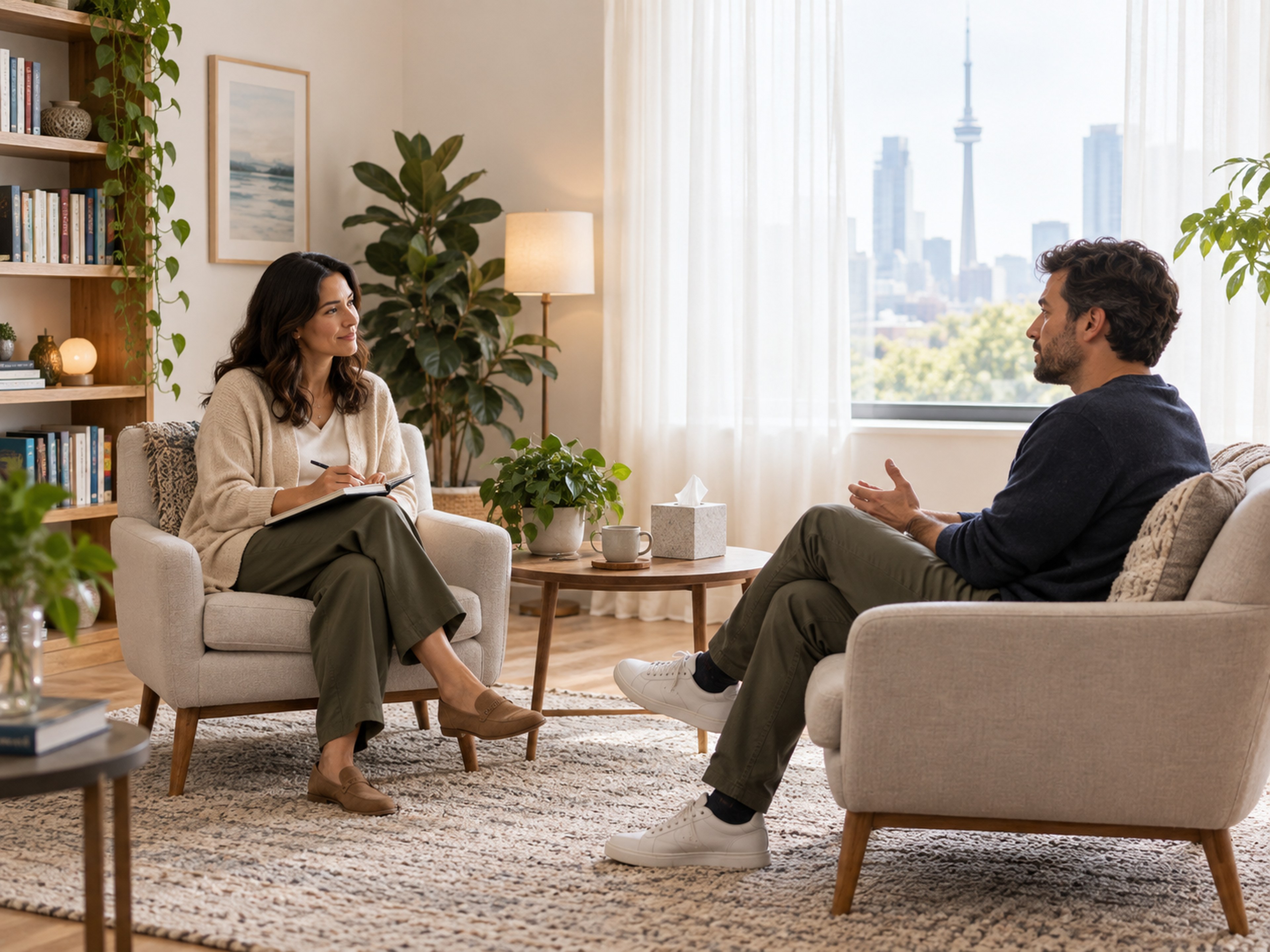 A therapist and client seated in armchairs in a bright counselling office