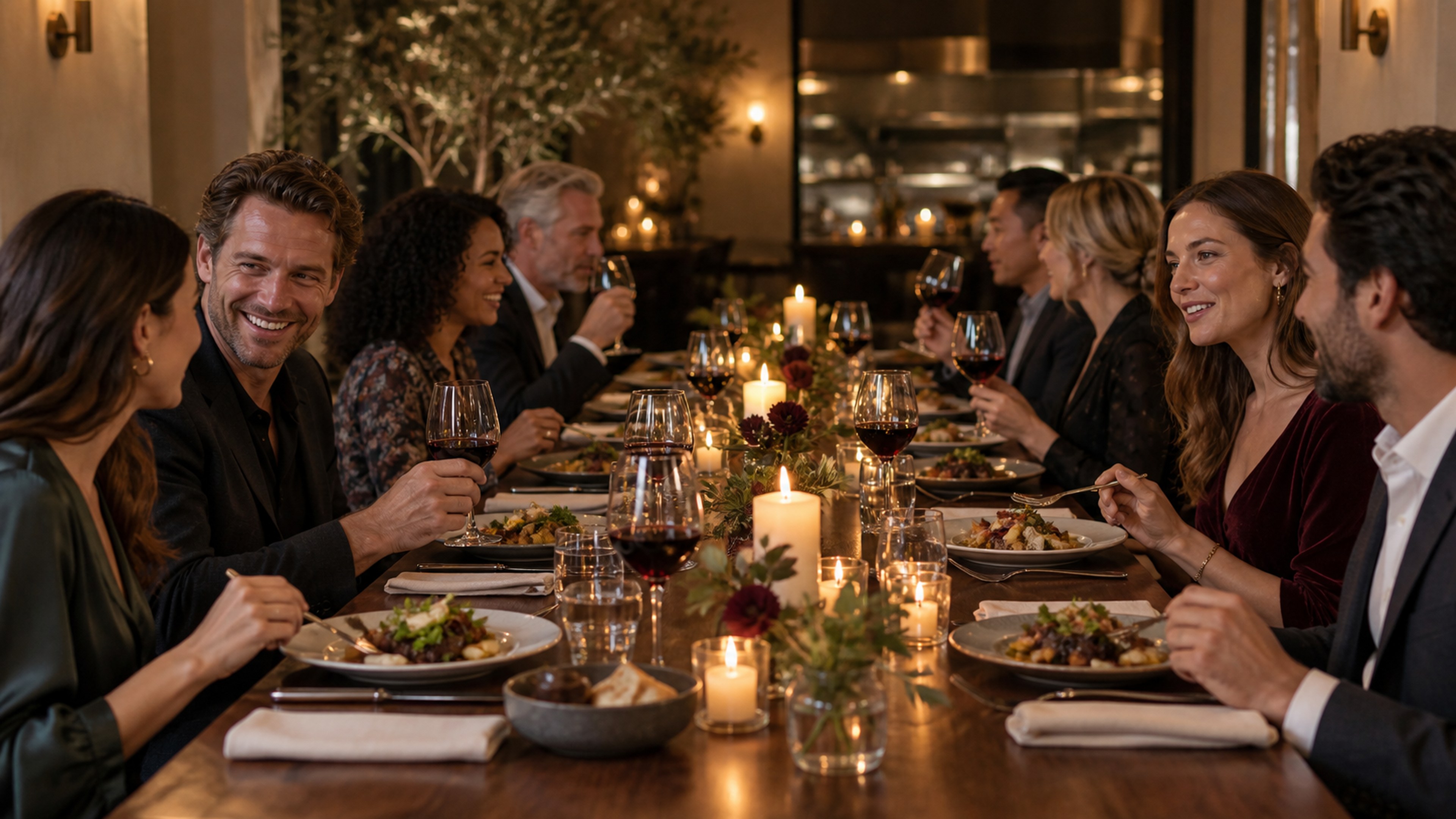 Guests around a long communal table with glasses of red wine poured