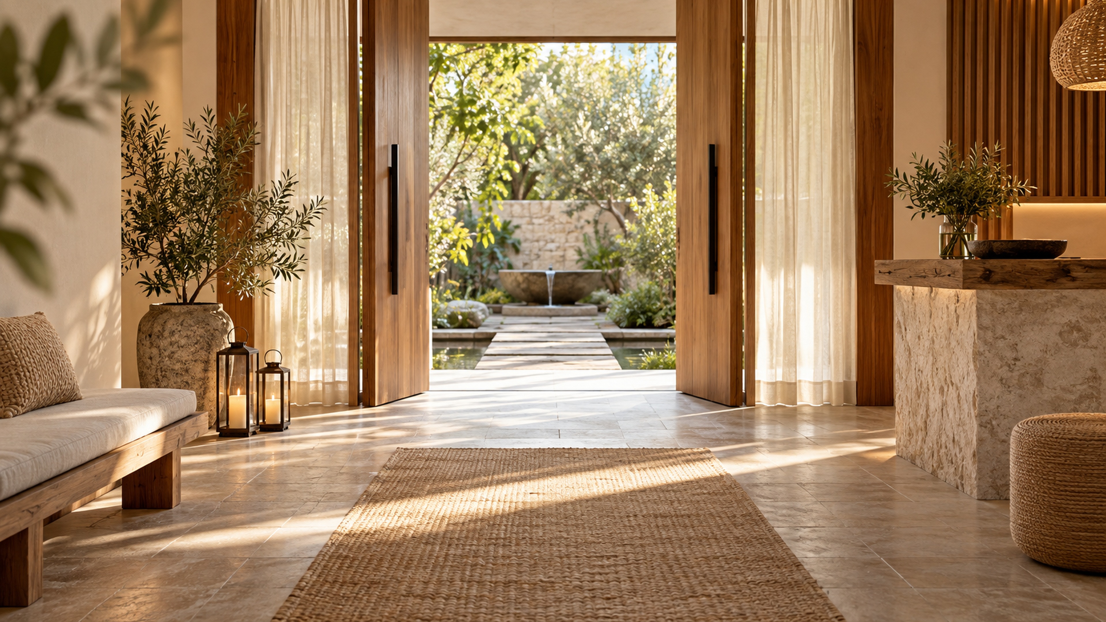 A warm wellness sanctuary entrance opening onto a quiet garden courtyard