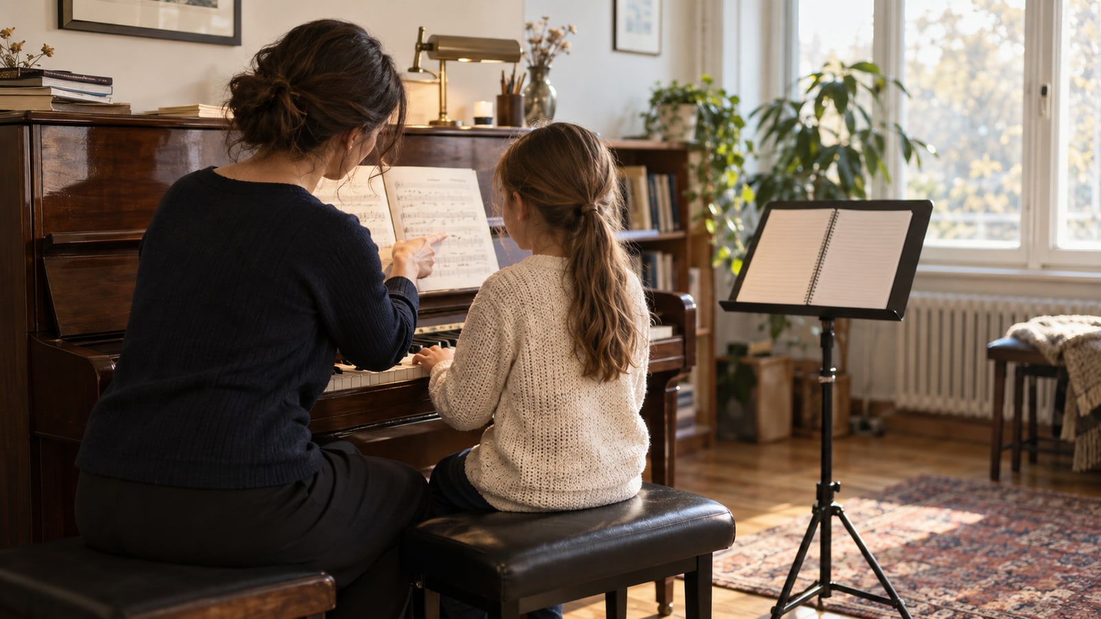 A teacher and young student seated at an upright piano during a warm one-to-one music lesson